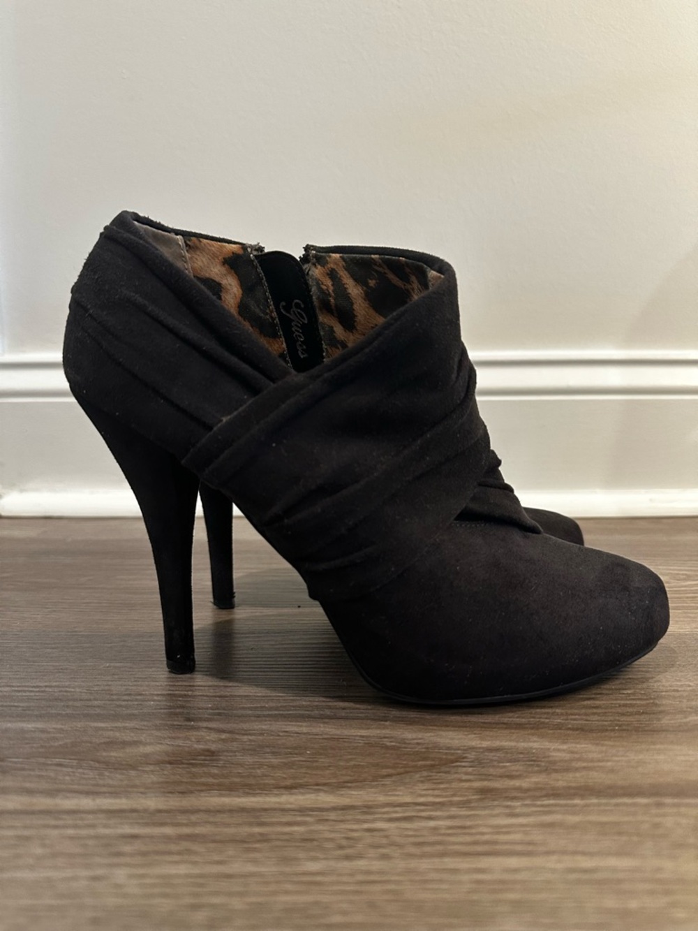 Guess Black Suede High-Heel Ankle Booties with Leopard Interior